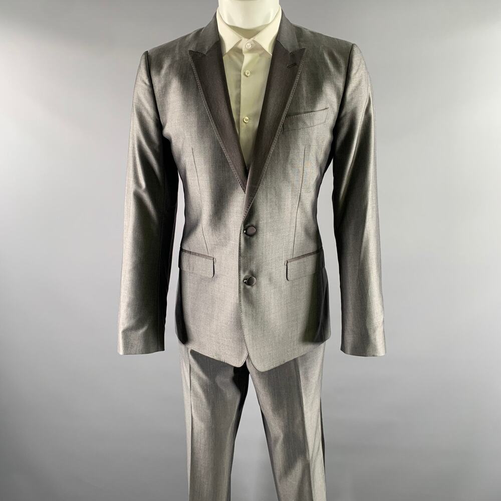 DOLCE & GABBANA Size 40 Grey Wool Silk Peak Lapel Tuxedo